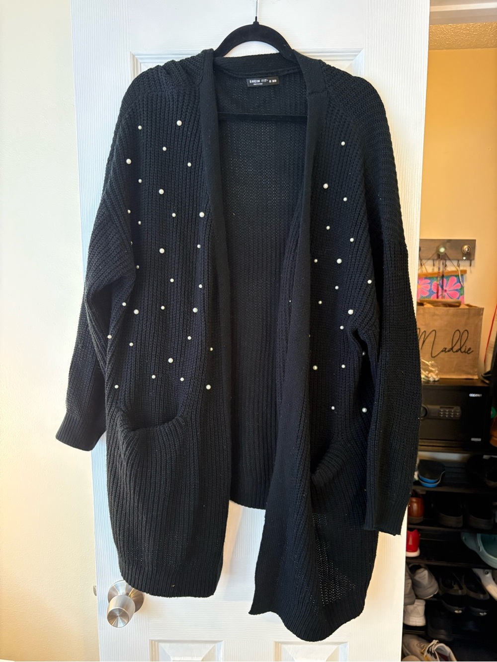 SHEIN Black Open-Front Cardigan with Pearl Accents